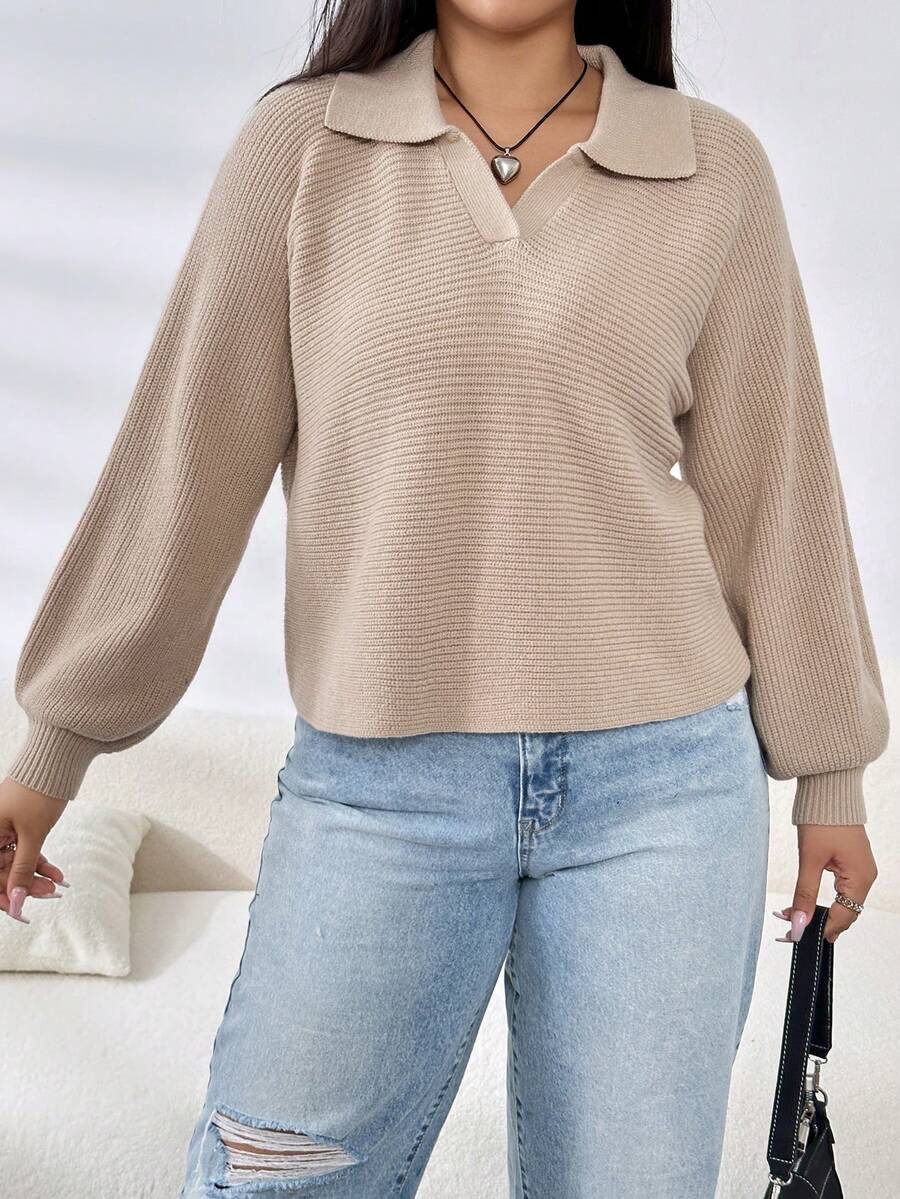 SHEIN EZwear 大碼素色V領套頭毛衣 - 駝色 - 查看 1