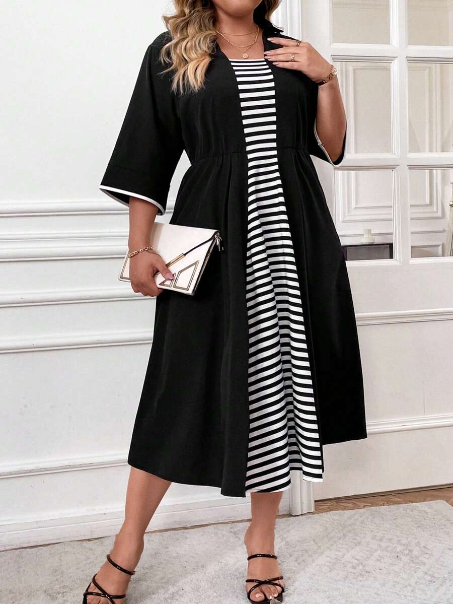 SHEIN LUNE 大碼條紋印花洋裝 - 黑色 - 查看 1