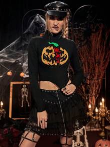 PUNK Bản in Halloween Cổ cao Áo len Crop - Nhiều màu - Xem 4