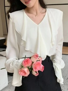 DAZY Blusa unicolor ribete con fruncido de manga amplia - Blanco - Ver 5