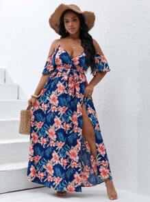 SHEIN VCAY Plus Size Boho Tropical Print Cold Shoulder Split Thigh Belted Dress, For Summer - Navy Blue - View 1