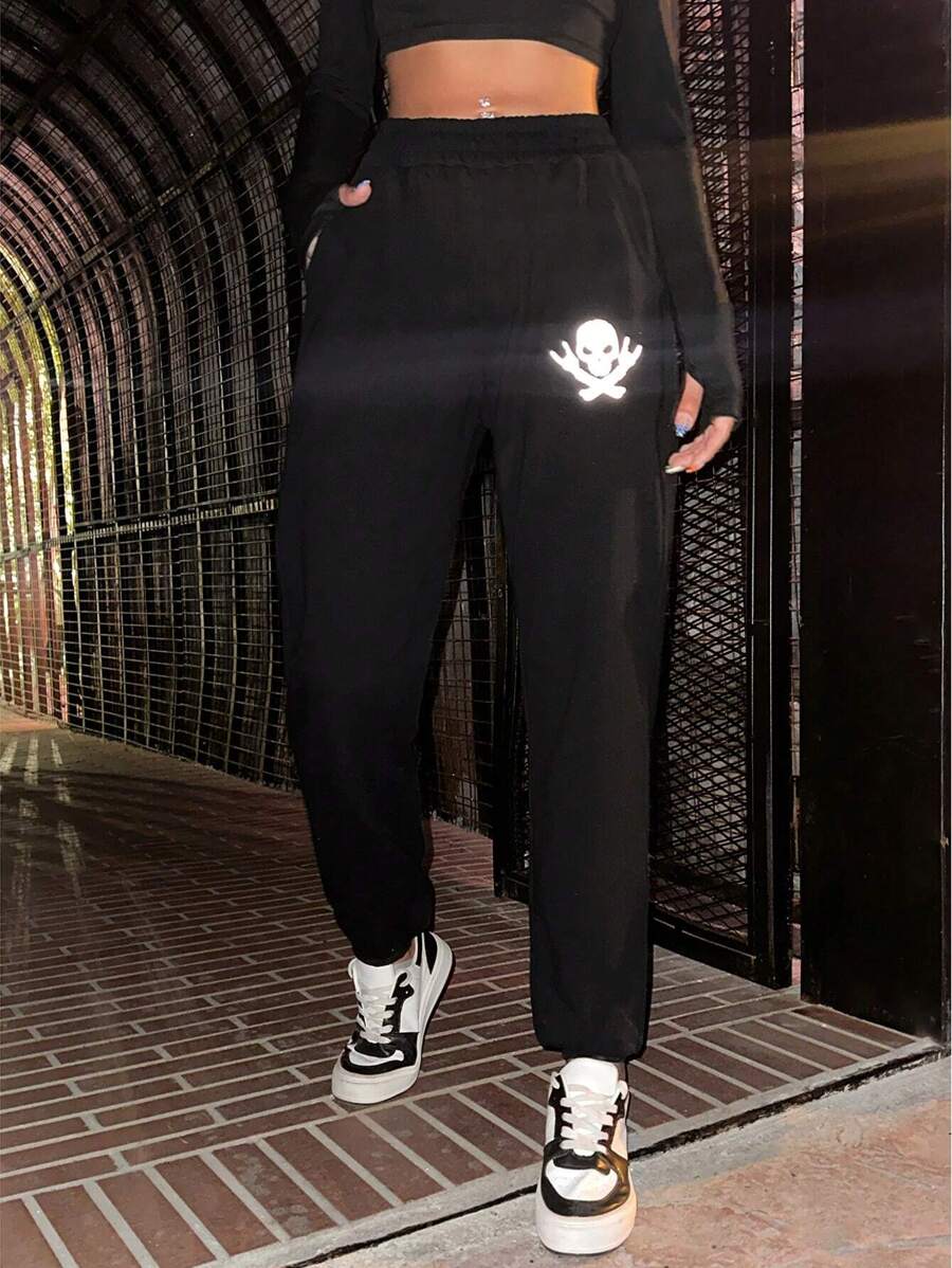 RueChic Reflective Skull Print Slant Pocket Sweatpants - Black - View 1