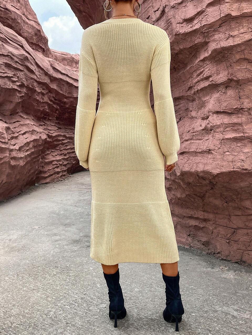 Solid Lantern Sleeve Sweater Dress