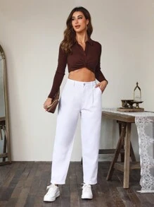 SHEIN Essnce Solid Slant Pocket Mom Fit Jeans