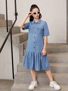 青少年女孩翻蓋口袋荷葉邊牛仔洋裝 - 淺色水洗藍 - 查看 3