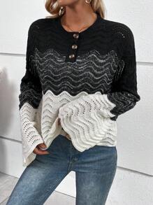 SHEIN LUNE Color Block Drop Shoulder Pointelle Knit Half Button Knit Pullover Fall Winter Sweater - Multicolor - View 4