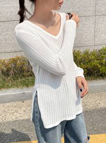 DAZY Solid V Neck Ribbed Knit Sweater Fall - White - View 7