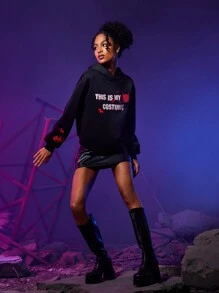 BATMAN X SHEIN Slogan Graphic Drop Shoulder Hoodie - Black - View 4