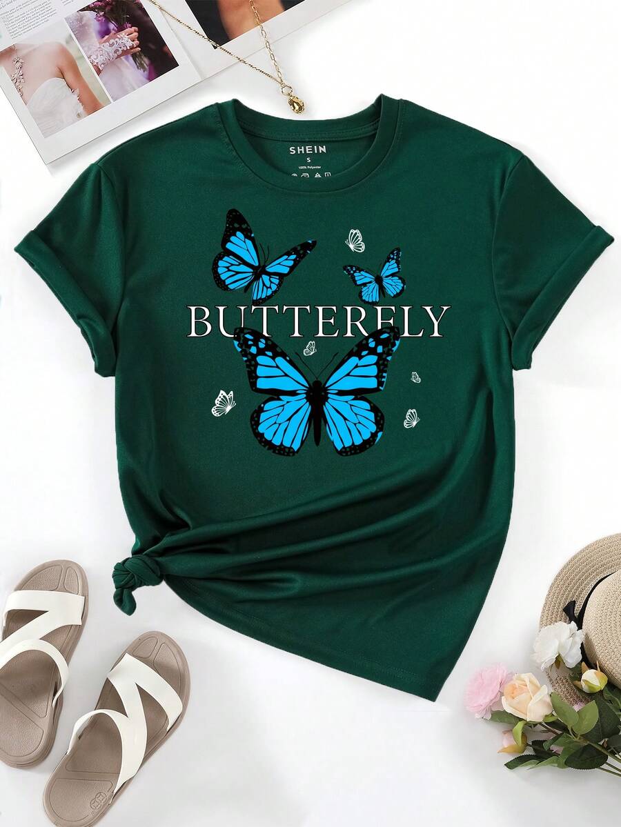 SHEIN Essnce Camiseta con estampado de mariposa y letra - Verde Oscuro - Ver 1