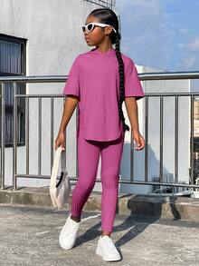 SHEIN Tween Girl Drop Shoulder Split Hem Hooded Tee & Leggings - Purple - View 5