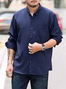 男士大码素色前排扣口袋貼布襯衫 - 深色水洗藍 - 查看 1