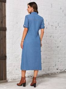 SHEIN LUNE Túi có nắp Nút phía trước Đầm Denim - Rửa nhẹ - Xem 2