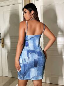SHEIN Coolane 大碼色塊拼接圖案吊帶緊身洋裝 - 藍色 - 查看 2