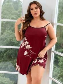 Plus Floral Print Lettuce Trim Cami Pajama Nightdress - Burgundy - View 5