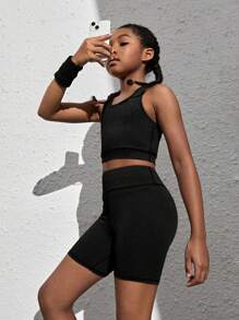 SHEIN Tween Girl Solid High Stretch Active Bra With Shorts - Black - View 1