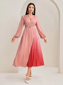 Modelyn 優雅腰帶 百褶 交叉純色女士連衣裙