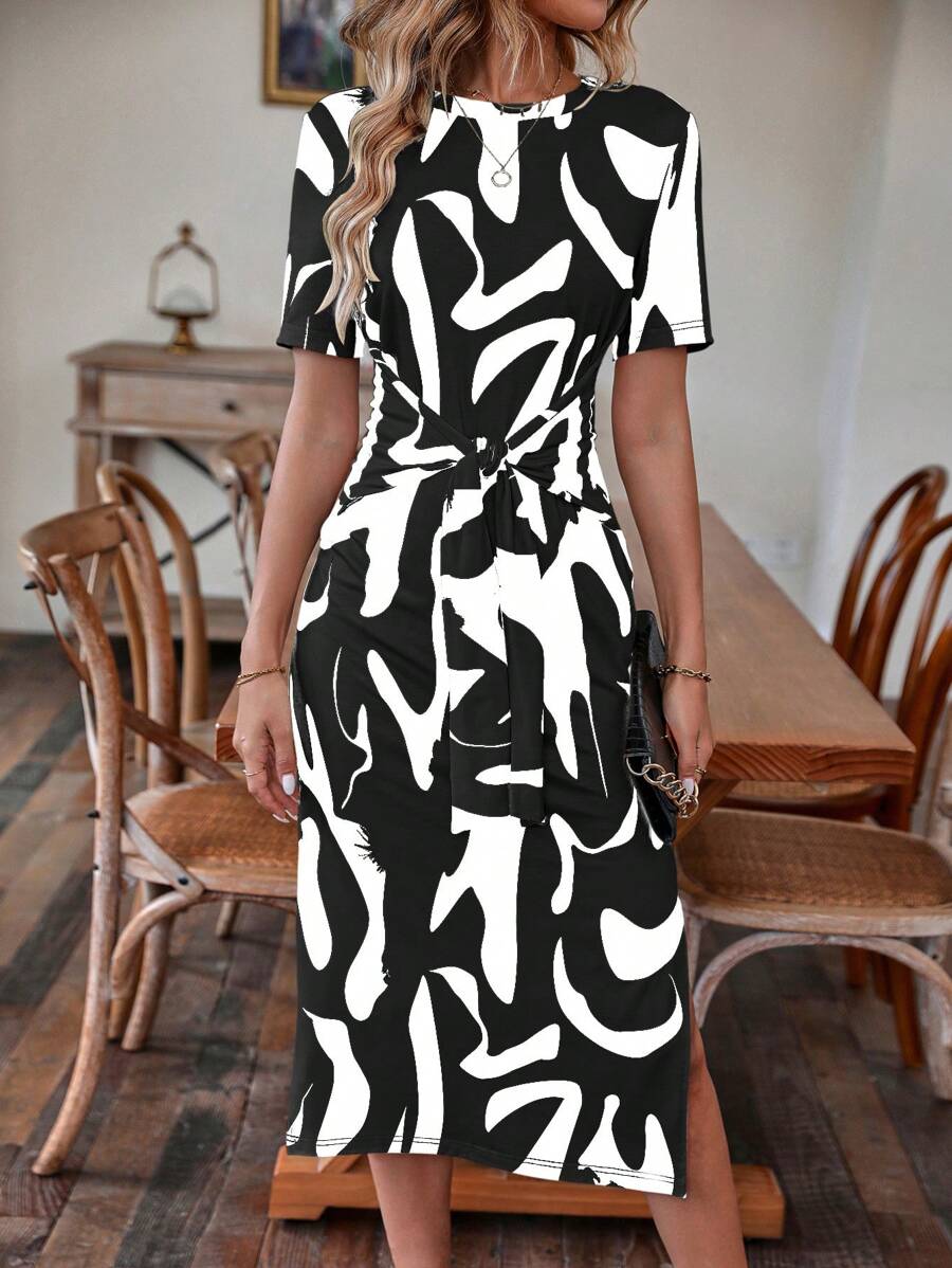 SHEIN Clasi Allover Print Knot Front Split Thigh Dress - Black and White - View 1