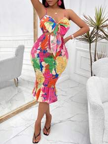 Vestido de tirantes ajustado con estampado floral y calado, estilo casual de vacaciones (estampado aleatorio) - Rosa - Ver 1