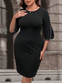 SHEIN Clasi Plus Pearls Beaded Split Sleeve Bodycon Dress - Black - View 6
