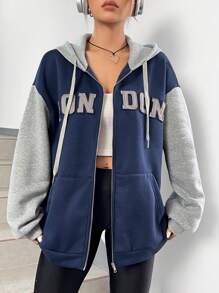 SHEIN EZwear Đồ họa Chữ cái Khối màu Thả vai Hoodie - Màu xanh hải quân - Xem 1