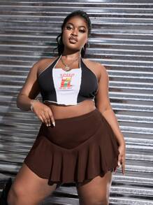 Slaydiva Plus High Waist Ruffle Hem Skort - Chocolate Brown - View 4
