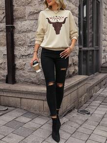 SHEIN LUNE 字母圖案落肩袖運動衫 - 杏色 - 查看 7