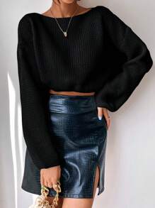 Chiquease 纯色落肩短款针织套头衫，适合秋冬季穿着 - 黑色 - 查看 4