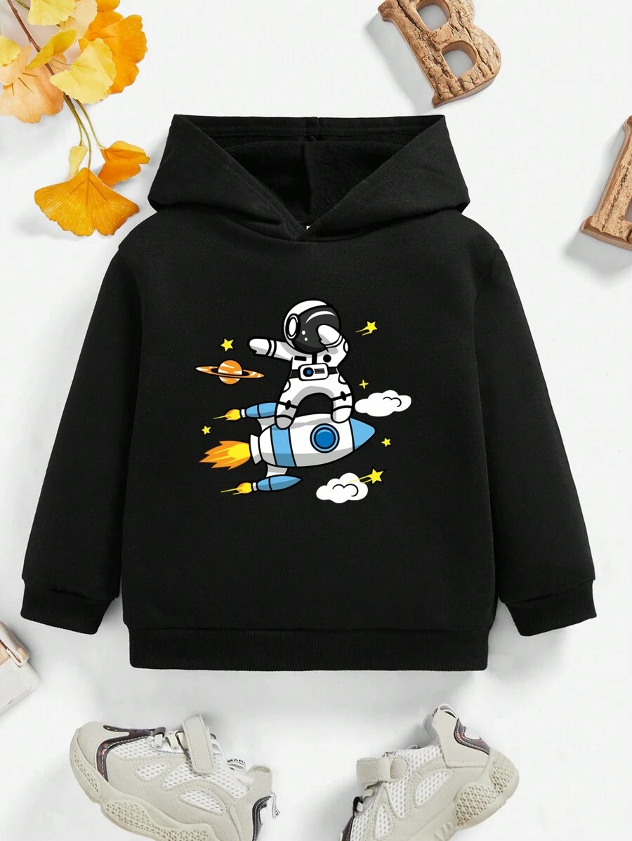 SHEIN 适合秋冬季的休闲卡通图案男童卫衣 - 黑色 - 查看 1