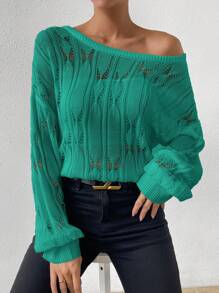 SHEIN Essnce Solid Drop Shoulder Pointelle Knit Sweater - Green - View 1