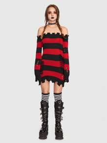 ROMWE Grunge Punk 條紋圖案一字肩破洞毛衣 - 彩色 - 查看 1