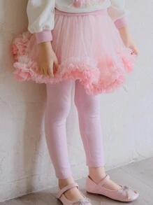 Young Girl Contrast Mesh Flare Trim 2 In 1 Pants - Pink - View 1