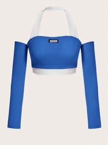 SHEIN ICON Letter Patched Detail Halter Neck Crop Tee - Royal Blue - View 1