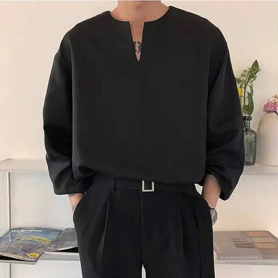 남성용 단색 노치 칼라 루즈핏 셔츠, 가을