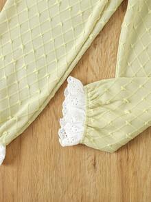 Chica Joven Conjunto de pijama con bordado con ojal ribete con fruncido de manga amplia - Amarillo - Ver 5