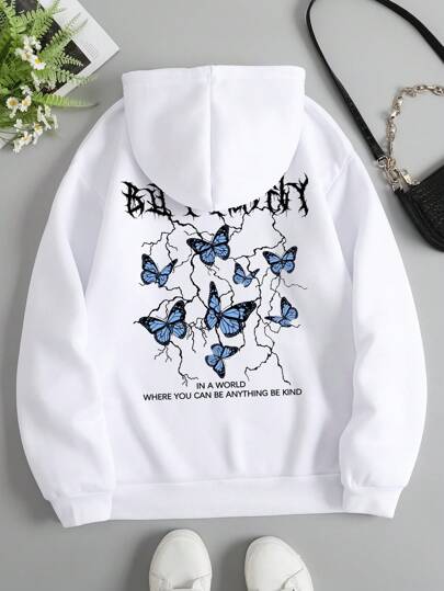 SHEIN Essnce Capucha con estampado de mariposa y slogan con bolsillo de canguro con cordón con forro térmico