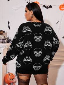 SHEIN EZwear Plus Skull Pattern Drop Shoulder Distressed Sweater