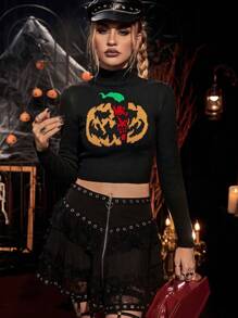 PUNK Bản in Halloween Cổ cao Áo len Crop - Nhiều màu - Xem 1