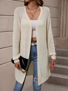 SHEIN LUNE 插肩袖休闲设计开衫 - 米色 - 查看 5