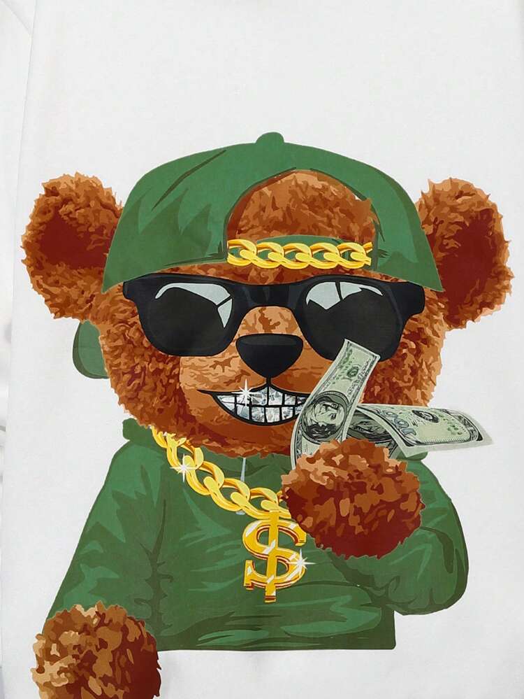 Tween Boys' Loose Fit Hooded Knitted Sweatshirt With Campus Style Bear Pattern