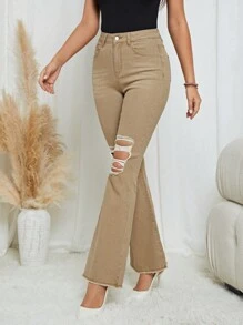 SHEIN LUNE Jeans de pierna amplia desgarro - Caqui - Ver 1