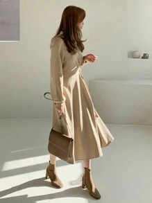 纯色结饰侧衬衫裙，秋装 - 卡其色 - 查看 1