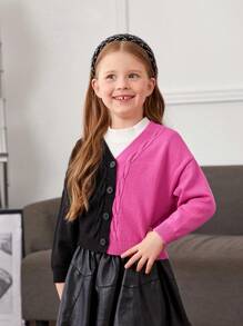 SHEIN 女小童1入組雙色麻花編織落肩袖開襟衫 - 彩色 - 查看 4