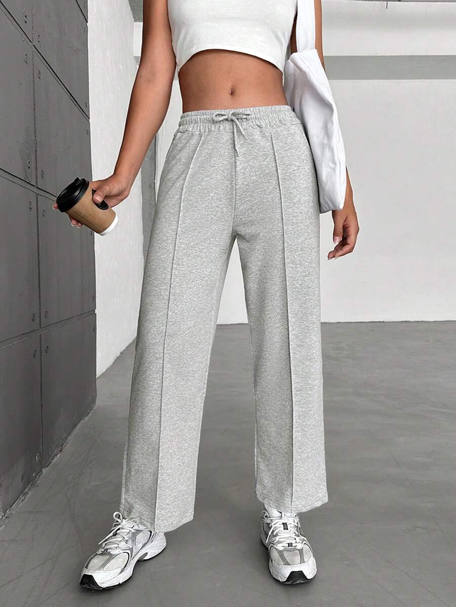 RueChic Solid Drawstring Waist Seam Detail Sweatpants - Light Grey - View 1