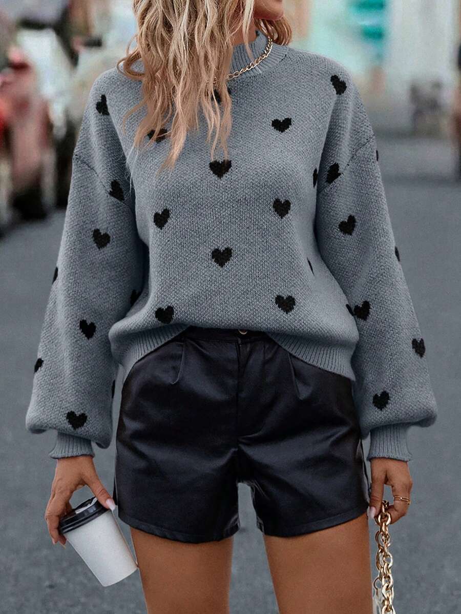 SHEIN LUNE Heart Pattern Mock Neck Drop Shoulder Sweater,Long Sleeve Tops