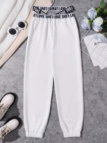 Tween Girl Contrast Letter Tape Crisscross Waist Sweatpants - White - View 2