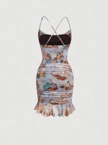 SHEIN MOD Vestido-camiseta con cordón, volantes y recogido en la Bottom, de malla con estampado de figura - Multicolor - Ver 2