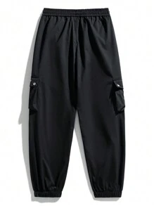 Men Slogan Graphic Flap Pocket Drawstring Waist Cargo Pants - Black - View 2