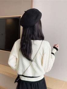 Áo Cardigan thường xuyên thả vai có viền tương phản, áo dài tay - Màu be - Xem 2