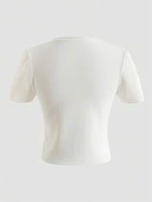 休閒羅紋針織純色女士T恤 - 白色 - 查看 2