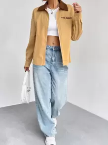 Flirla Letter Graphic Contrast Collar Drop Shoulder Zipper Front Coat Fall Cloth For Women - Khaki - View 3